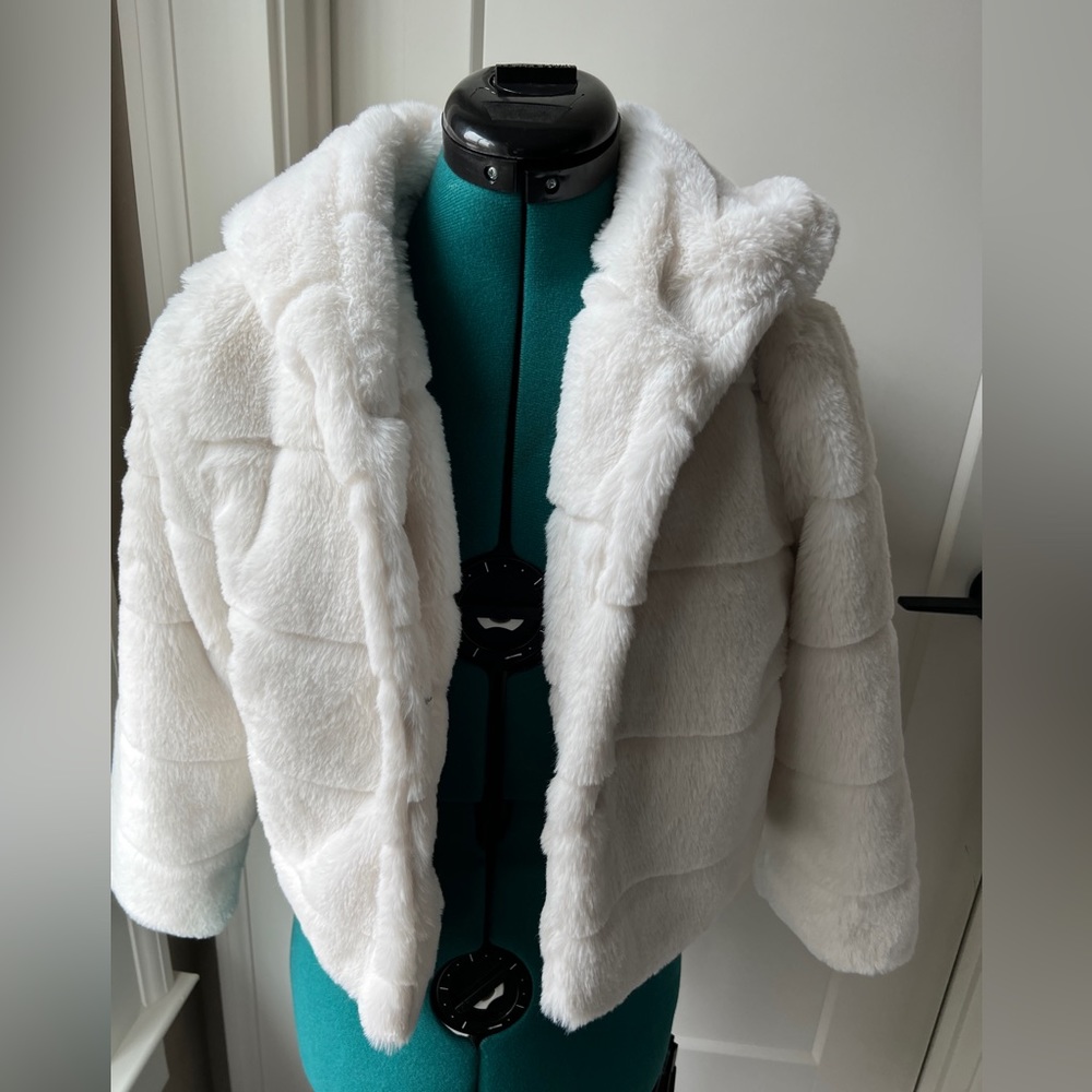 Adrianna Papell Faux Fur Hooded Crop Jacket Ivory
